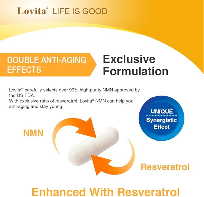 LOVITA NMN 18000, NMN Supplement with Resveratrol, Nicotinamide Mononucleotide 300 mg per Capsule, High Absorption & Stabilized Form, 99% Purity, for Healthy Aging, 60 Vegan Capsules