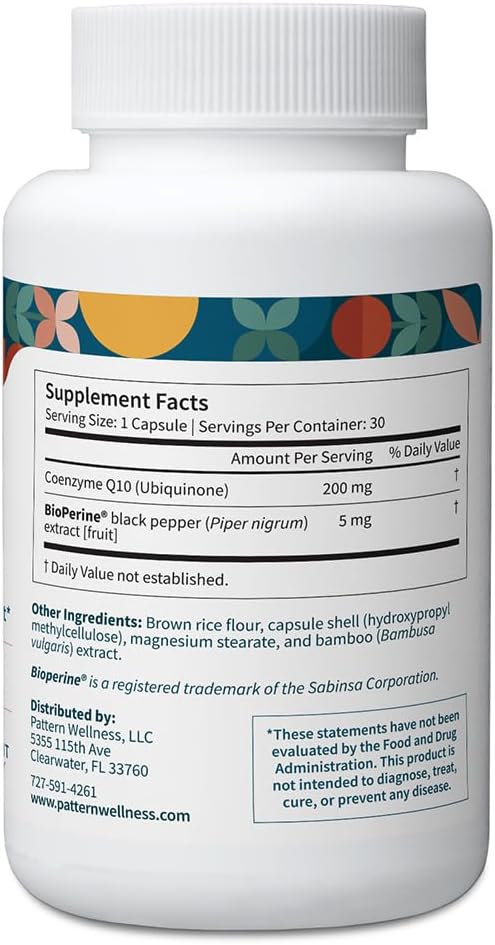 Pattern Wellness CoQ10 – 200mg Ubiquinone with BioPerine® Black Pepper Extract – Cellular Energy & Vitality Support – Non-GMO – 30 Vegan Capsules*