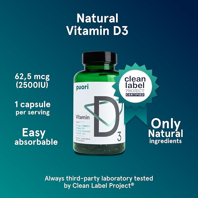 Puori Vitamin D3 Softgels, 2500 IU (62.5 mcg) - Fast Absorbing Vitamin D3 Supplements for Immune System Support, Bone Health & Density and Healthy Muscle Functions - Non-GMO & Gluten-Free - 240 Count