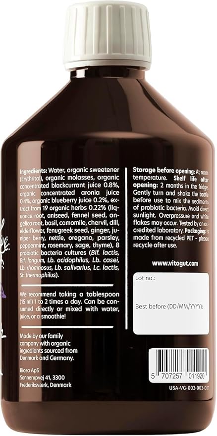 VITAGUT Liquid Probiotic, Prebiotics & Postbiotics 3-in-1 Organic, Live Probiotics for Women & Men - Probiotics for Digestive Health, 50 Billion CFU, 19 Fermented Herbs, Vegan Probiotic for Gut Health