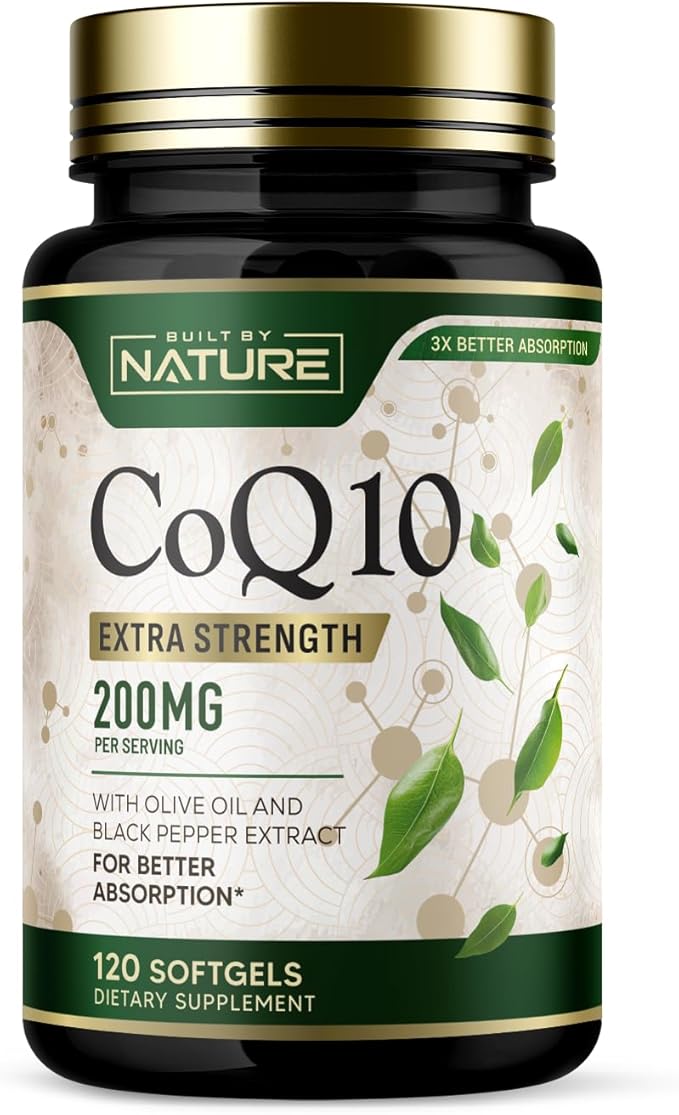 Built by Nature CoQ10 200 mg – Coenzyme Q10 with Olive Oil and Black Pepper for High Absorption – Supports Heart Health & Energy – Antioxidant Supplement– 2 Month Supply, 120 Softgels