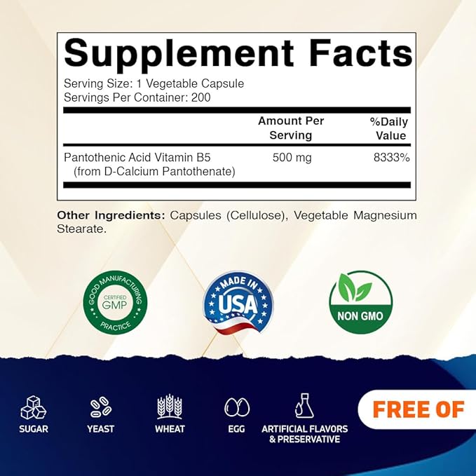 Vitamatic Pantothenic Acid (Vitamin B5) 500 mg- 200 Capsules - 2 Pack