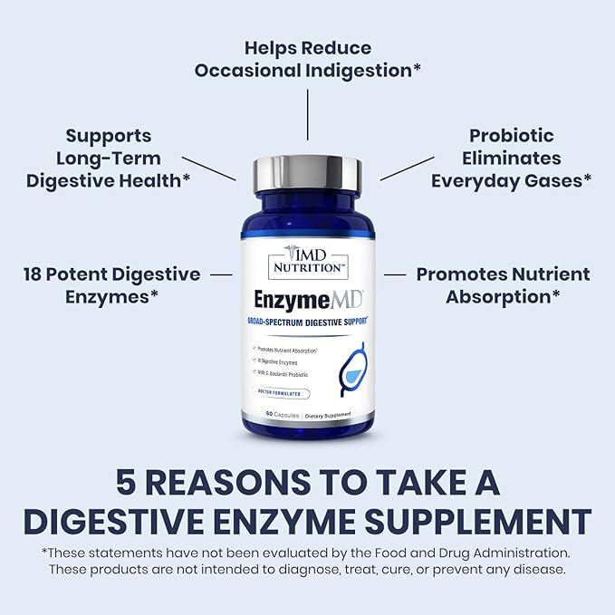 1MD Nutrition EnzymeMD - Digestive Enzymes Supplement - Doctor Formulated | 18 Plant-Based Enzymes - Gas & Bloating Support | 60 Capsules