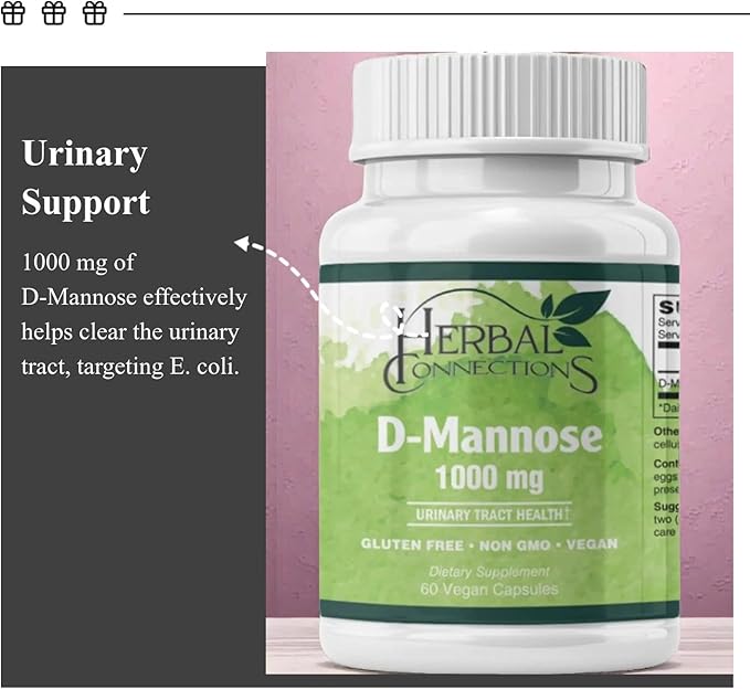 Herbal Connections D-Mannose 1000mg, Veg Capsules, Urinary Tract Cleanse & Bladder Support, 60 Count, Pure Non-GMO Cranberry-Free Monosaccharide, 30 Servings