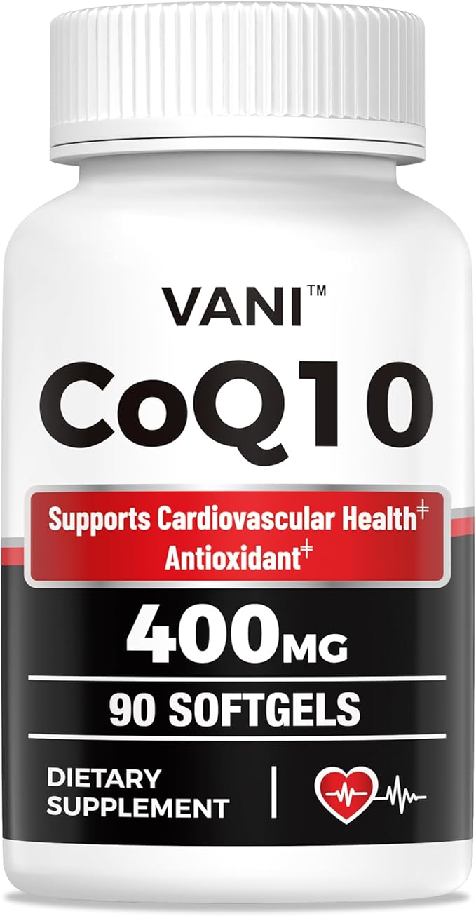 VANI CoQ10 400mg, 90 Softgels, Optimally Absorbed Ubiquinone CoQ10 Dietary Supplement Support for Heart Health & Brain Function, Gluten-Free