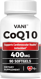 VANI CoQ10 400mg, 90 Softgels, Optimally Absorbed Ubiquinone CoQ10 Dietary Supplement Support for Heart Health & Brain Function, Gluten-Free