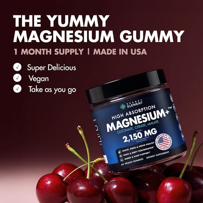 Magnesium Glycinate 2150 MG Gummies, High Absorption Magnesium Glycinate, Citrate & Malate, Sugar-Free, Vegan, Chews for Men & Women, 60 Gummies, Cherry Flavor, Pack of 2