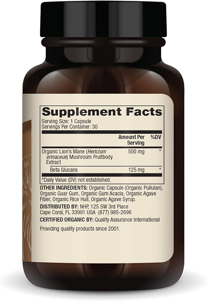 Dr. Mercola Organic Lion's Mane Mushroom Extract, 30 Capsules 500 mg Organic Lion's Mane, Non-GMO, Gluten Free, Soy Free