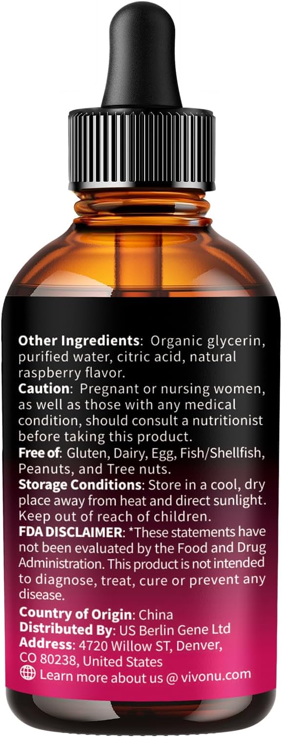 VivoNu Vitamin B Complex Liquid Drops, Vitamin B12 (6000 mcg), B6 B1, B2, B3, B5, and Methylfolate Support Energy, Raspberry Flavor, Natural Ingredient, Non GMO