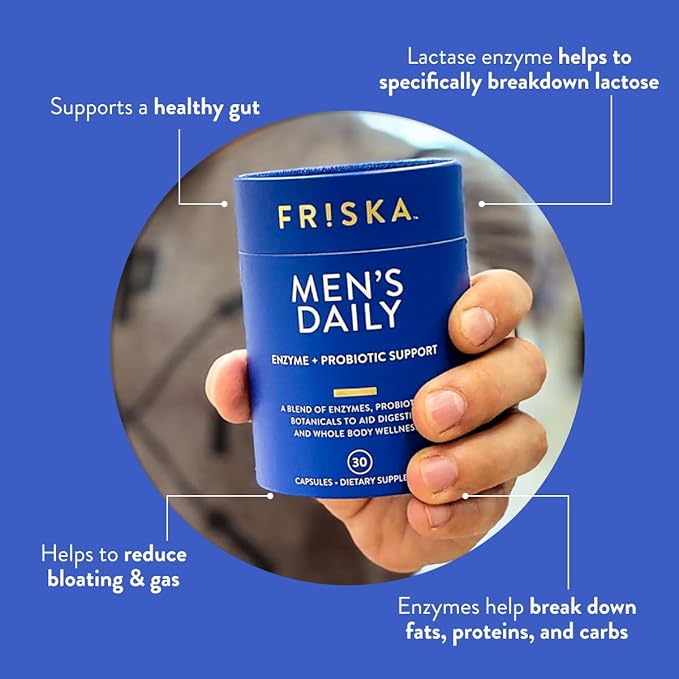 Friska Men’s Daily Gut Support - Digestive Enzymes, Probiotics to Help Break Down Foods, Supports Energy & Nutrient Absorption with Vitamins B6 & B12, 90 Capsules