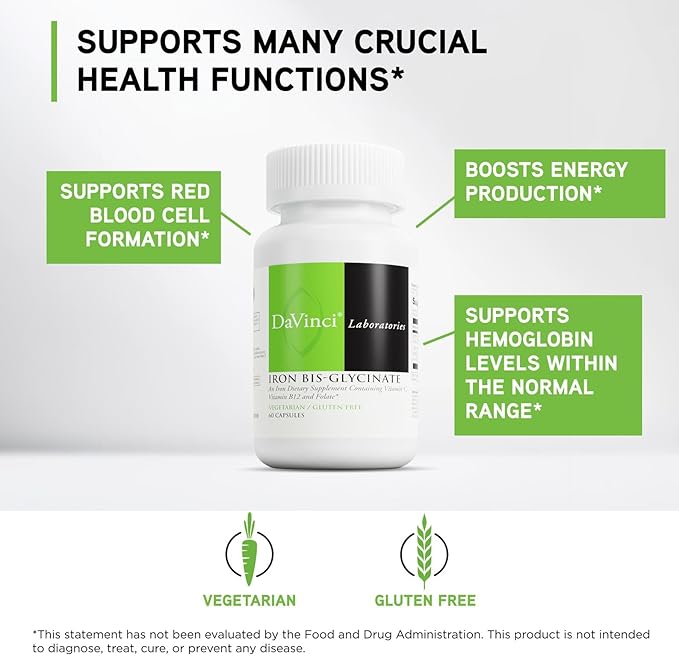 DAVINCI Labs Iron Bis-Glycinate - Gentle Iron Supplement for Women & Men - Help Support Hemoglobin Production & Normal Energy Levels with Vitamin C & More - Vegan - 60 Vegetarian Capsules