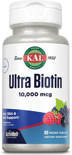 KAL Ultra Biotin 10000mcg ActivMelt, Hair Growth Supplement, High Potency Vitamin B7 for Healthy Hair, Skin, Nails and Energy Support, Vegetarian, Natural Mixed Berry Flavor, 60 Serv, 60 Micro Tablets