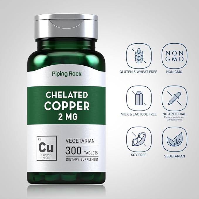 Piping Rock Chelated Copper 2 mg Supplement | 300 Tablets | Vegetarian, Non-GMO, Gluten Free