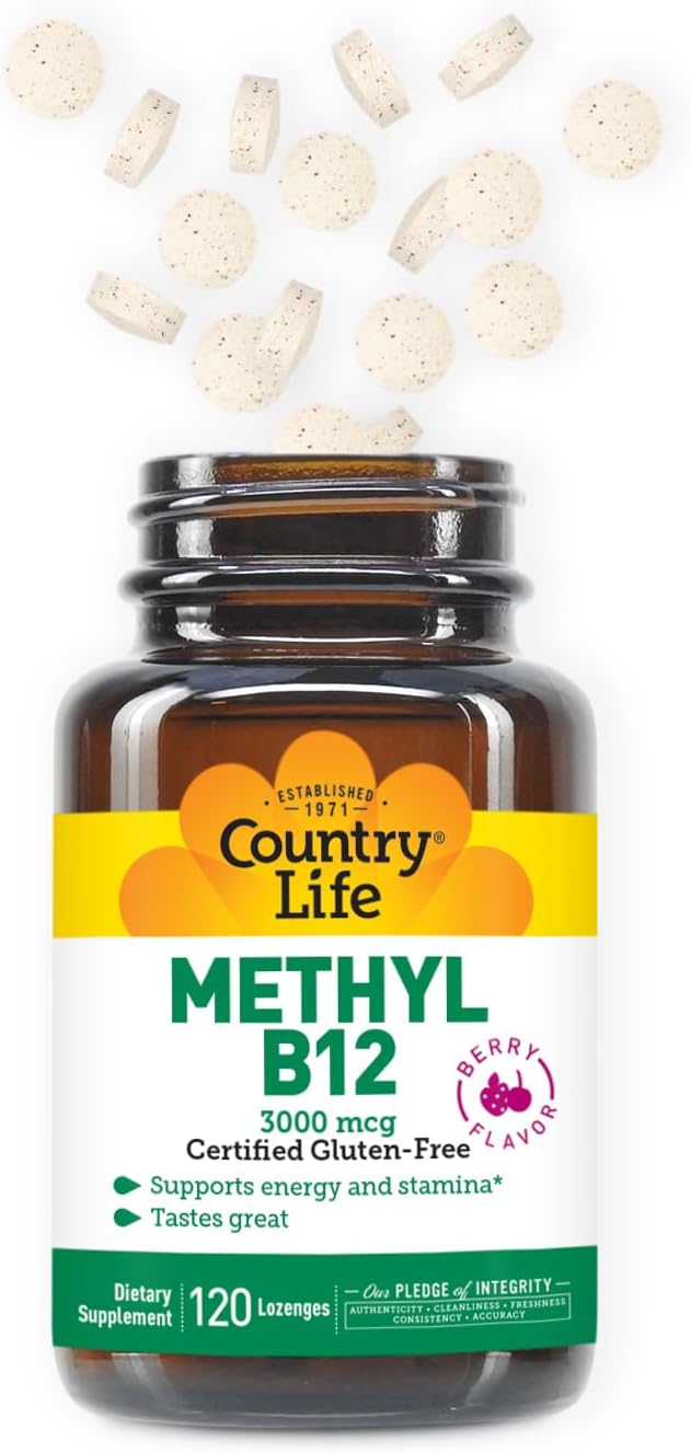 Country Life Methyl B12, 3000 mcg Lozenges, Supports Energy & Stamina, Metabolism & Red Blood Cell Production, Berry Flavor, 120 Vegan Lozenges, Certified Gluten Free & Halal