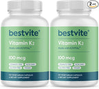 BESTVITE Vitamin K2 100 mcg as MK-7 (240 Vegetarian Capsules)(120x2) - No Stearates - Vegan - Non GMO - Gluten Free