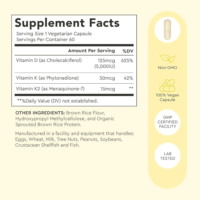 Alaya Naturals Vitamin D3 K2 Supplement – 5000 IU D3, 50 mcg K1, 15 mcg K2 MK-7 – High Absorption Capsules for Bone & Immune Support, Non-GMO, Vegetarian Capsules 60 Count