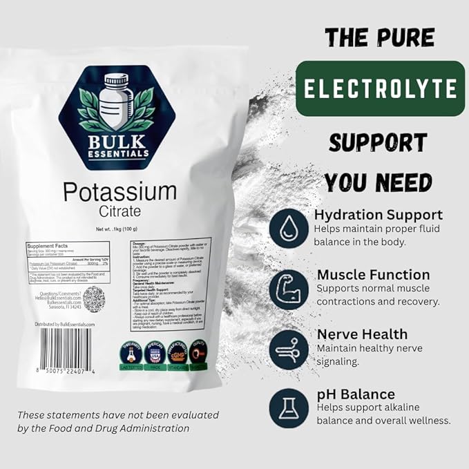 Potassium Citrate Supplement – 100g Pure Powder for Muscle Electrolyte Support – USA Made, Non-GMO & Gluten Free – Potassium Supplement 300mg Per Serving