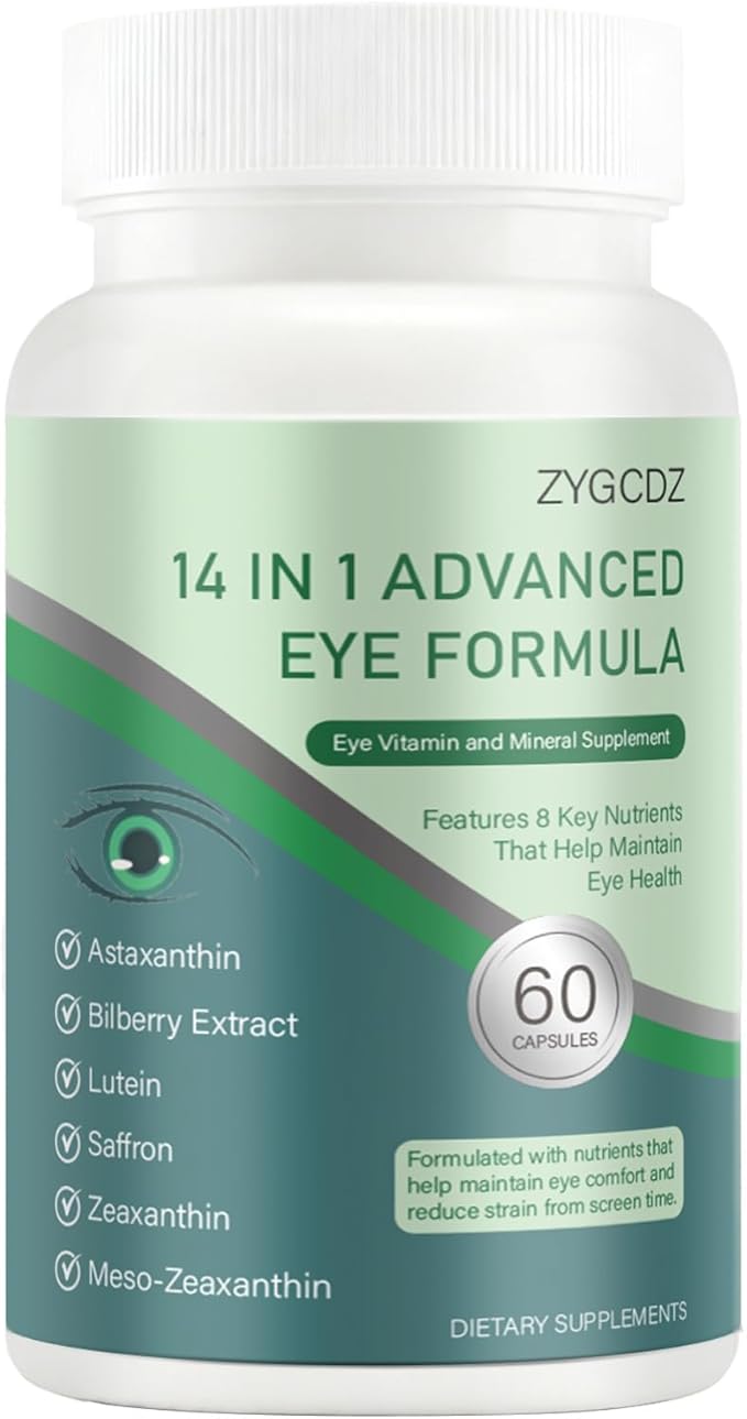 14-in-1 Advanced Eye Vitamin Supplement with Lutein, Zeaxanthin, Bilberry Extract & Zinc for Adults - Supports Vision, Macula & Blue Light Protection - 60 Capsules (01)