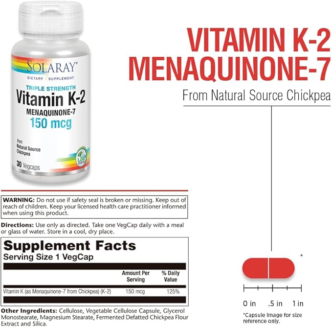 Solaray Triple Strength Vitamin K-2 as MK-7 150 mcg - Vitamin K2 MK7 Supplement for Bone Health Support, Pure Vit K2 as Menaquinone for Women and Men - 30 Vegan Capsules