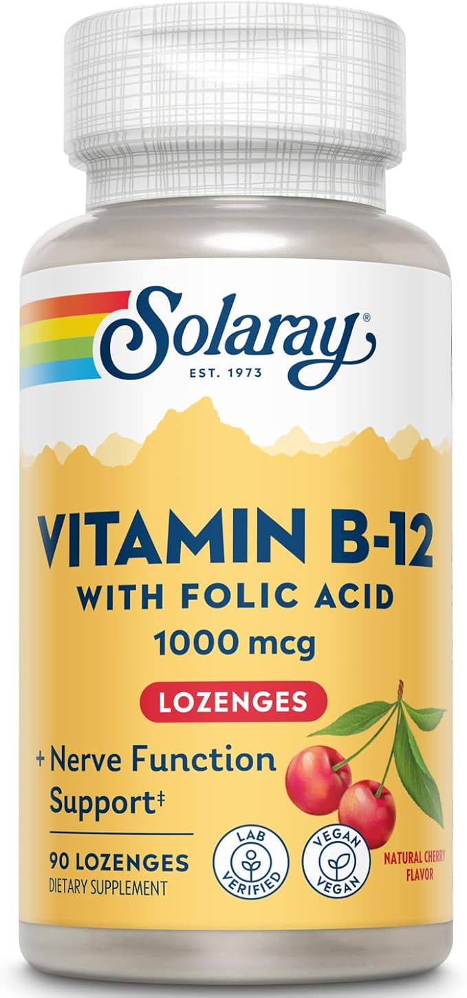 SOLARAY Vitamin B-12 1000mcg Lozenges with Folic Acid | Natural Cherry Flavor | Healthy Energy Support | 90CT