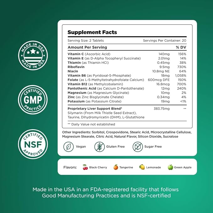 H-PROOF The Anytime You Drink Vitamin, Liver Health & Immunity Support with Electrolytes, Milk Thistle, and Vitamins B & C - 40 Chewable Tablets (20 Servings), Vegan, Lemonade