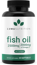 Luma Nutrition Omega 3 Fish Oil Supplement - Extra Strength 2500mg Per Serving - 2000mg EPA & DHA Per Serving - Brain and Heart Health - 60 Softgels, 30 Servings