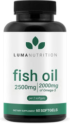 Luma Nutrition Omega 3 Fish Oil Supplement - Extra Strength 2500mg Per Serving - 2000mg EPA & DHA Per Serving - Brain and Heart Health - 60 Softgels, 30 Servings