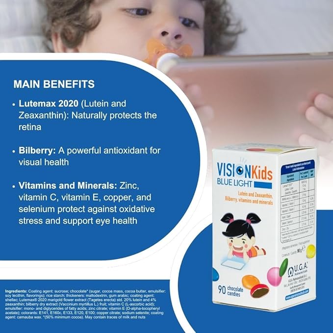 OMEGOR Lutein and Zeaxanthin Supplement for Kids Eyes (60 Chocolate Dragèes) - Vision Kids Blue Light Eyesight Supplement for Retina Protection