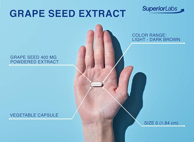 Superior Labs Grape Seed Extract, 400mg, 120 Vegetable Capsules, 95% Polyphenols, High Antioxidant Content, Healthy Blood Flow, Supports Immune System and Brain Health