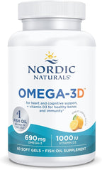 Nordic Naturals Omega-3D, Lemon Flavor - 60 Soft Gels - 690 mg Omega-3 + 1000 IU Vitamin D3 - Fish Oil - EPA & DHA - Immune Support, Brain & Heart Health, Healthy Bones - Non-GMO - 30