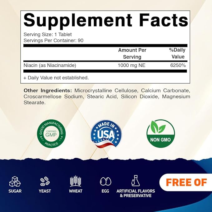 Vitamatic Niacinamide 1000 mg 90 Tablets - Flush Free Vitamin B3 - Supports Energy Production (Pack of 2)