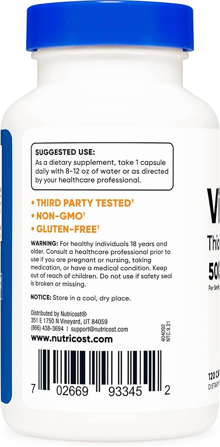 Nutricost Vitamin B1 (Thiamin) 500mg, 120 Capsules (2 Bottles)