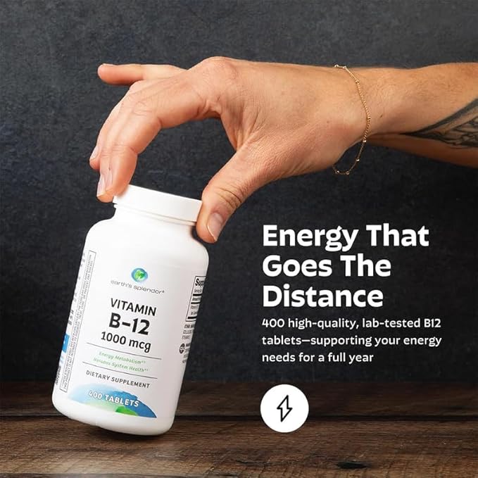 Earth's Splendor Energy Supplements, with Vitamin B12, No Artificial Color or Flavor, Gluten Free, Energy Metabolism Support (1000mcg, 200 Tablets)