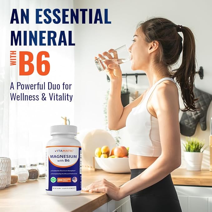 Vitamatic Magnesium with B6-180 Vegetarian Tablets (Uncoated) - Added B6 for Maximum Absorption - Supports Muscle, Joint, and Heart Health - 2 Pack