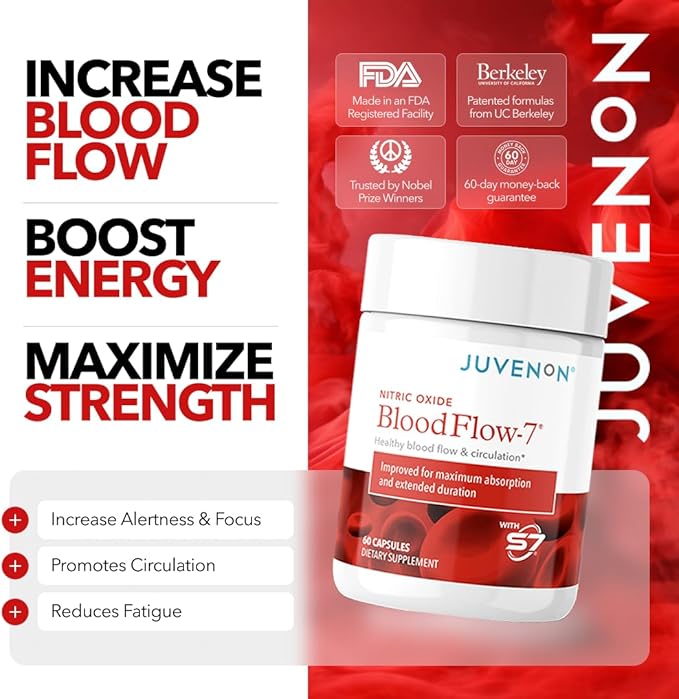 Juvenon BloodFlow-7 Nitric Oxide Supplements for Men & Women - Natural Nitric Oxide Booster with Nitrosigine® + S7® - Blood Flow & Circulation Support (1-Pack)