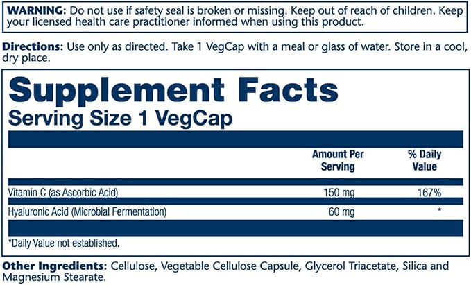 SOLARAY Hyaluronic Acid Triple Strength - Skin Elasticity and Firmness Support - Plus Vitamin C - Lab Verified, 60 Day Money-Back Guarantee, 30 Servings, 30 VegCaps