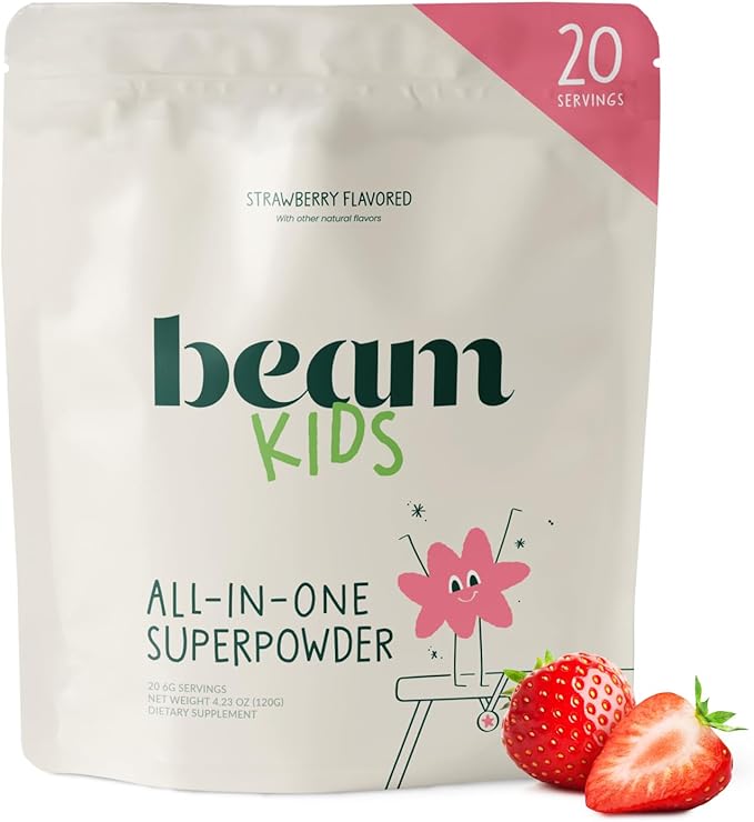 Beam Kids Multivitamin Powder – Kids Vitamins with Greens, Probiotic & Prebiotic, Immune Support for Children & Toddlers, No Artificial Sweeteners, for Picky Eaters, 20 Servings, Strawberry Flavor