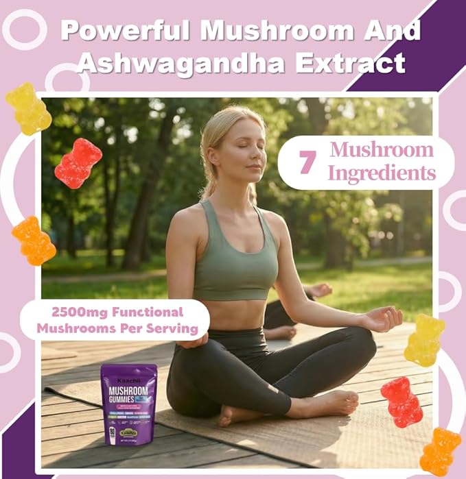 Ashwagandha and Mushroom Gummies 500mg with 8 Mushroom Blend (Reishi,Lion's Mane,Cordyceps) - Mushroom Gummies for Focus and Energy,Cognitive Boost -Mushroom Supplement for Adults,80 Count
