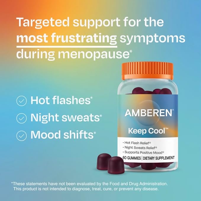 Amberen Keep Cool Menopause Supplement for Women, Feminine Care, with Pycnogenol® to Help Relieve Hot Flashes, Night Sweats and Support Positive Mood, Soy & Hormone Free, 60 Gummies, 30 Day Supply
