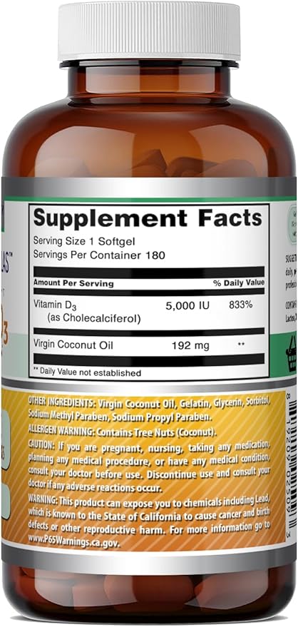 Amazing Formulas  Vitamin D3 with Coconut Oil Supplement |  5000  IU Per Serving | 180 Softgels | Non-GMO | Gluten Free | Made in USA