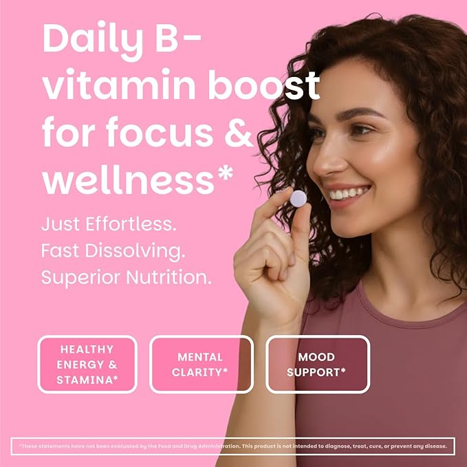 EZ Melts Energy, Memory & Mood Enhancer - B Vitamins Supplement with Vitamin B12, B6, Folate & Biotin - Non-GMO & Vegan - Cherry Berry - 60 Dissolvable Tablets (60 Servings)