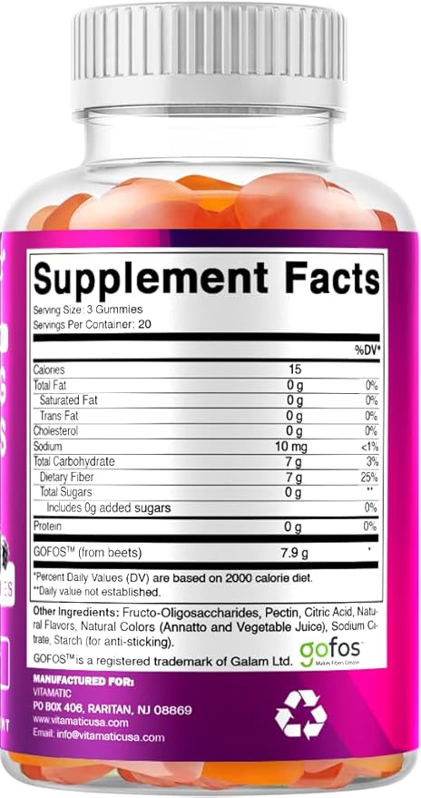 Vitamatic Prebiotic Fiber Gummies for Adults – 4 Pack (Total 120 Gummies) 7g Fiber per Serving | Extra Strength | Zero Sugar Added | Pectin-Based | Digestive Health & Regularity Support
