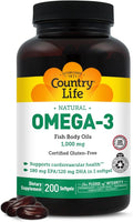 Country Life Omega-3 Fish Oil Supplement, 1000mg, 180mg EPA & 120mg DHA, Fish Oil Concentrate, Burpless, 200 Softgels, Certified Gluten Free