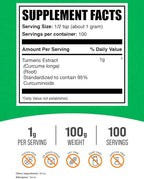 BulkSupplements.com Turmeric Extract Powder - from Turmeric Root, Curcumin Supplements, Turmeric Curcumin Powder - Gluten Free, 1g per Serving, 100g (3.5 oz) (Pack of 1)