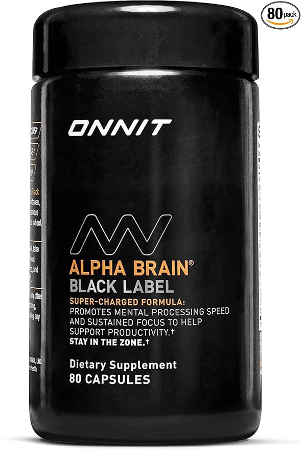ONNIT Alpha Brain Black Label Capsules, IGEN Non-GMO Tested Citicoline Brain Supplement for Concentration and Memory, Lion’s Mane, Lutemax Lutein, L Theanine and Mucuna Pruriens, 80 Count