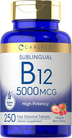 Carlyle B12 Vitamin 5000 mcg Sublingual | 250 Fast Dissolve Tablets | High Potency | Natural Berry Flavor | Vegetarian, Non-GMO & Gluten Free
