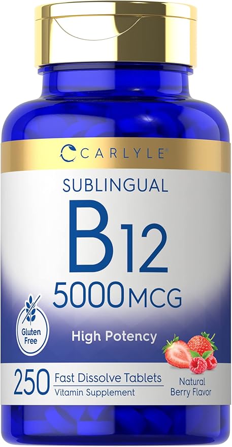 Carlyle B12 Vitamin 5000 mcg Sublingual | 250 Fast Dissolve Tablets | High Potency | Natural Berry Flavor | Vegetarian, Non-GMO & Gluten Free