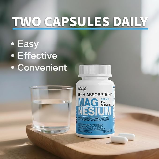 Chelated Magnesium Bisglycinate 200mg - High Absorption Mag Glycinate with L-Theanine, Calcium & Vitamin B6 (P5P) - Supports Calm, Nighttime Relaxation & Muscle Health - 60 Capsules