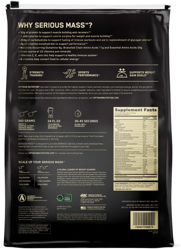 Optimum Nutrition Serious Mass, Weight Gainer Protein Powder, Mass Gainer, Vitamin C and Zinc for Immune Support, Creatine, Banana,(Packaging May Vary) 12 Pound (Pack of 2)