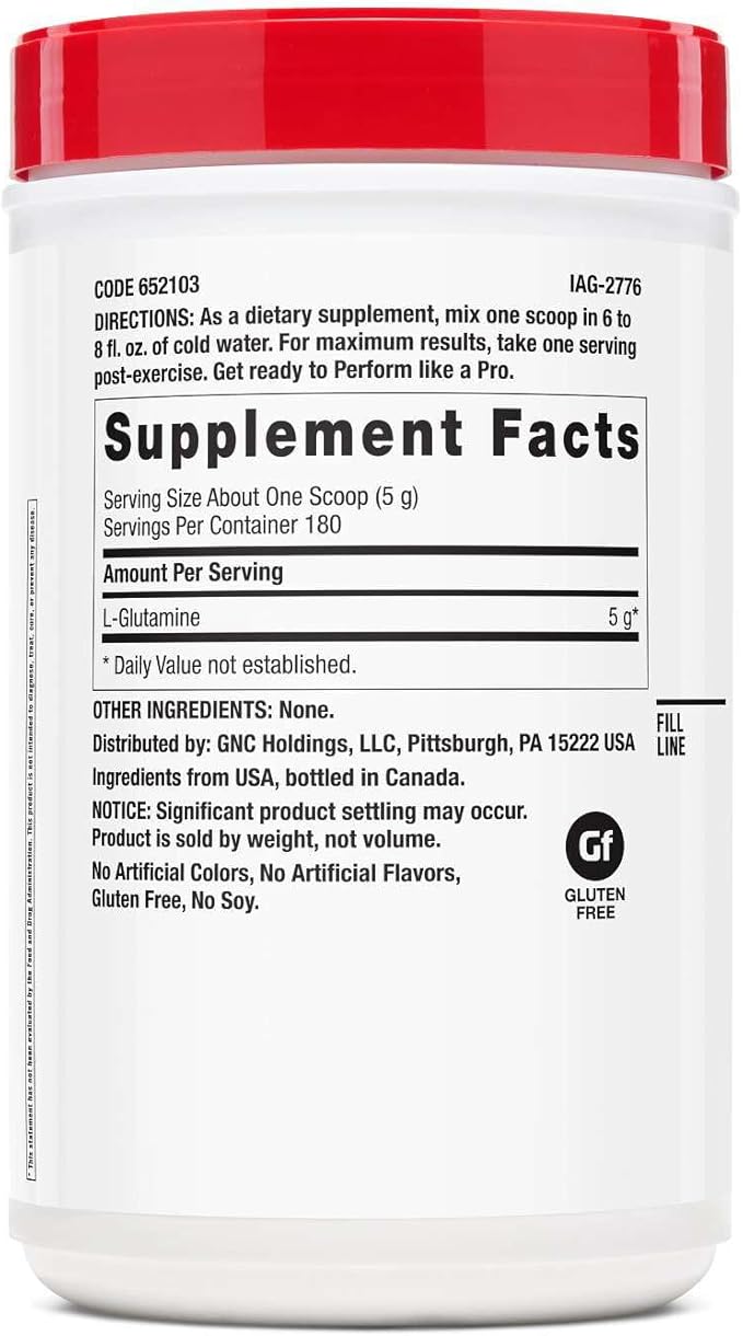 GNC Pro Performance L-Glutamine 5000mg, Amino Acid Supplement Powder, Supports Muscle Recovery, Function, Immune System, Plays Key Role in Protein Synthesis, Unflavored, 181 Servings